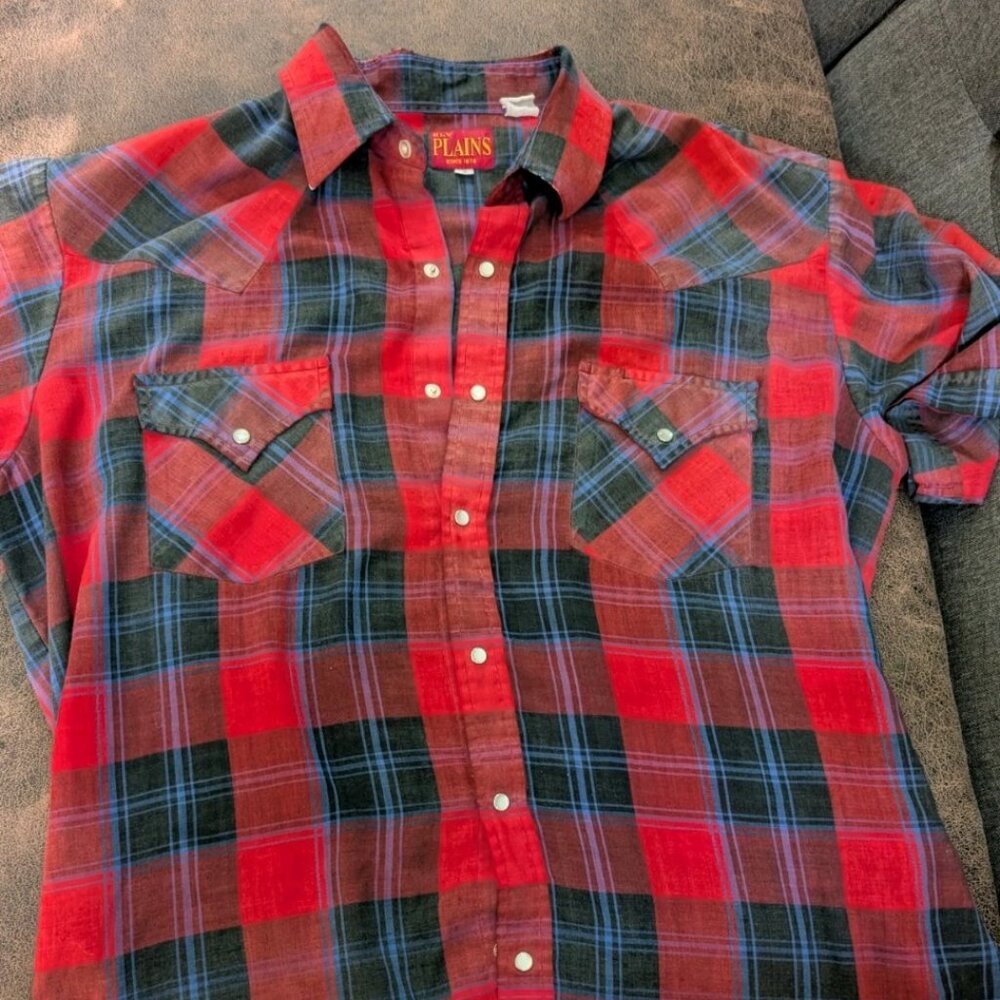 VINTAGE Men's Large Western Rockabilly RED Shirt Pearl Snap Plaid Lightweight